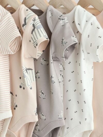 Grey Zebra Baby Short Sleeve Bodysuits 100% Cotton 5 Pack