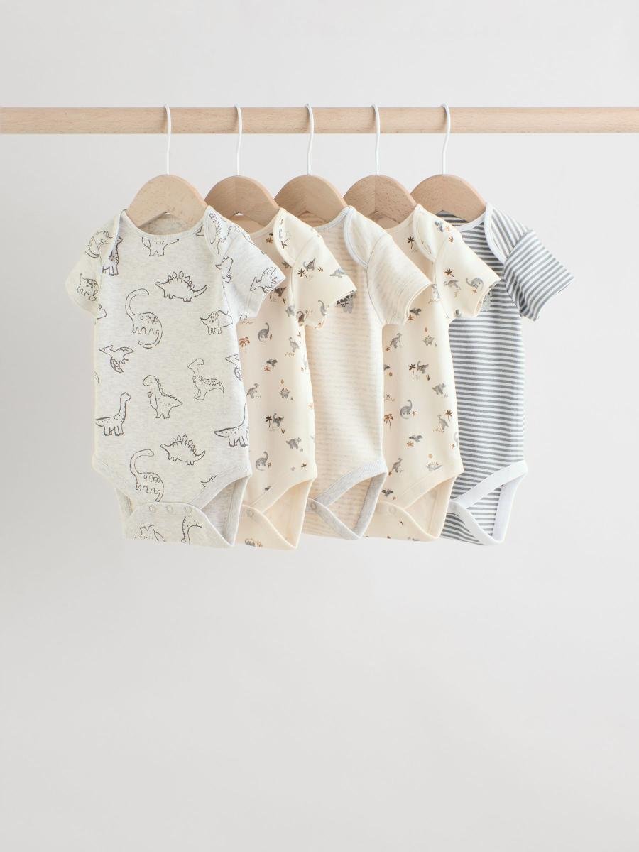 Grey Dinosaur Short Sleeve Baby Bodysuits 5 Pack