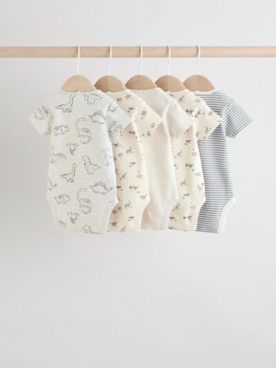 Grey Dinosaur Short Sleeve Baby Bodysuits 5 Pack