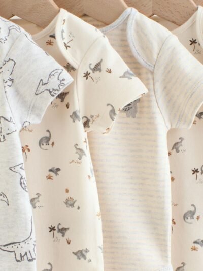 Grey Dinosaur Short Sleeve Baby Bodysuits 5 Pack