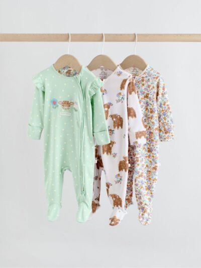 Sage Green Two Way Zip Sleepsuits 3 Pack