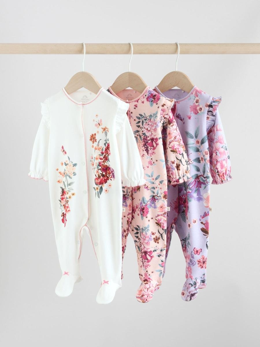 Ecru Floral Baby Sleepsuits 3 Pack