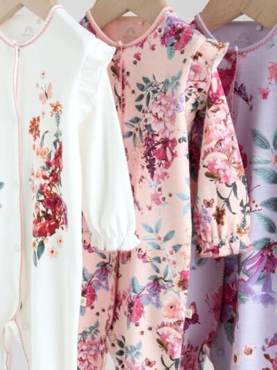 Ecru Floral Baby Sleepsuits 3 Pack