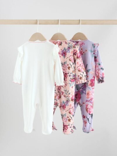Ecru Floral Baby Sleepsuits 3 Pack