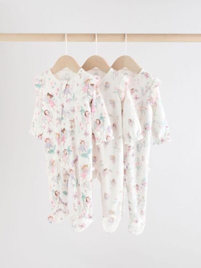 Ecru Fairy Two Way Zip Baby Sleepsuits 3 Pack
