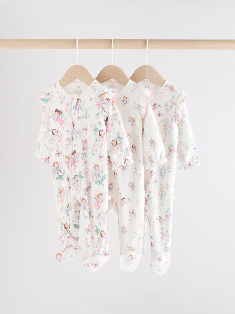 Ecru Fairy Two Way Zip Baby Sleepsuits 3 Pack