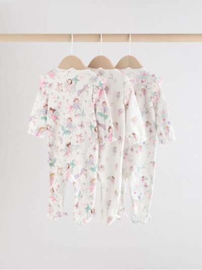 Ecru Fairy Two Way Zip Baby Sleepsuits 3 Pack