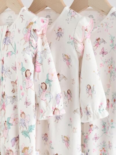 Ecru Fairy Two Way Zip Baby Sleepsuits 3 Pack