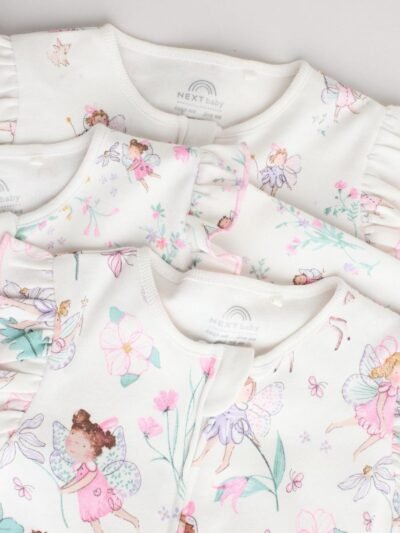 Ecru Fairy Two Way Zip Baby Sleepsuits 3 Pack