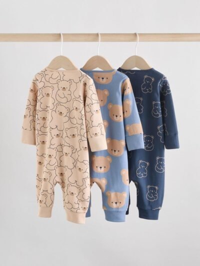 Brown/Navy 3 pack Baby Two Way Zip Footless Cotton Sleepsuits