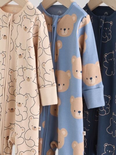 Brown/Navy 3 pack Baby Two Way Zip Footless Cotton Sleepsuits