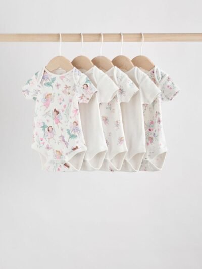 Ecru Fairy Short Sleeve Bodysuits 5 Pack