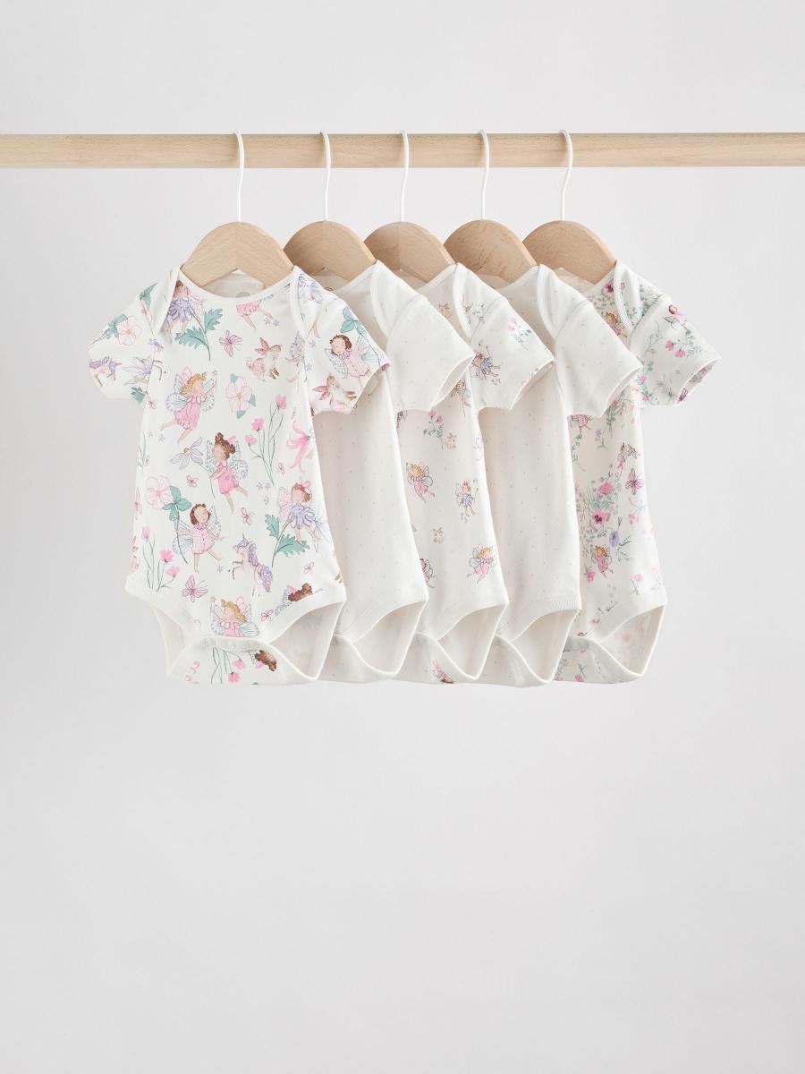 Ecru Fairy Short Sleeve Bodysuits 5 Pack