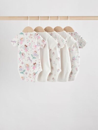 Ecru Fairy Short Sleeve Bodysuits 5 Pack
