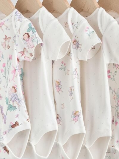 Ecru Fairy Short Sleeve Bodysuits 5 Pack