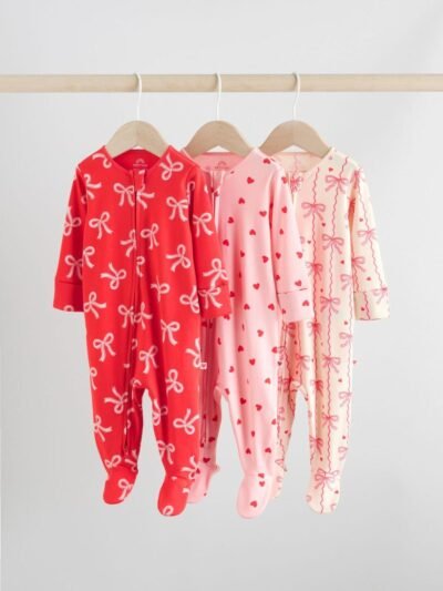 Red Bow Two Way Zip Sleepsuits 3 Pack