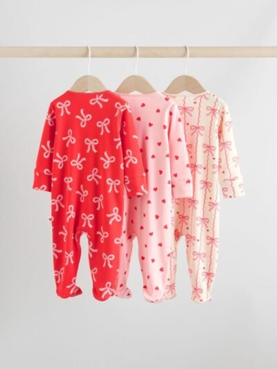 Red Bow Two Way Zip Sleepsuits 3 Pack