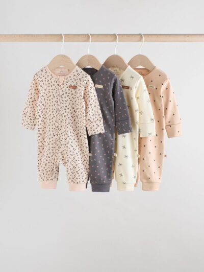 Monochrome Leopard And Cherry Print Two Way Zip Baby Sleepsuits 4 Pack