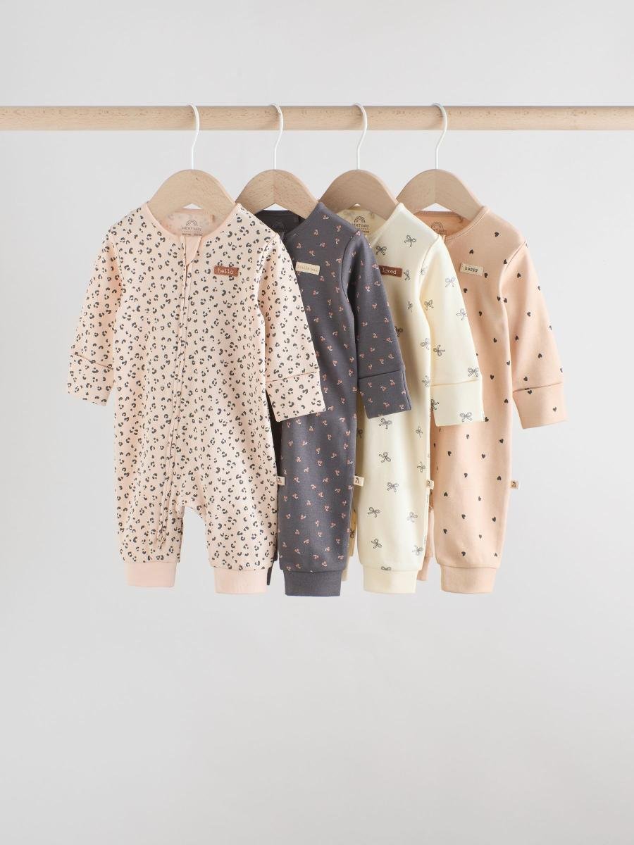 Monochrome Leopard And Cherry Print Two Way Zip Baby Sleepsuits 4 Pack
