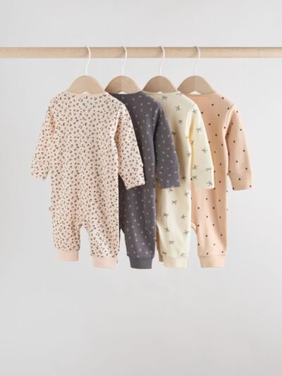 Monochrome Leopard And Cherry Print Two Way Zip Baby Sleepsuits 4 Pack