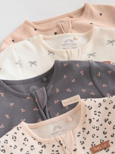 Monochrome Leopard And Cherry Print Two Way Zip Baby Sleepsuits 4 Pack