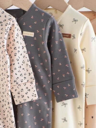 Monochrome Leopard And Cherry Print Two Way Zip Baby Sleepsuits 4 Pack