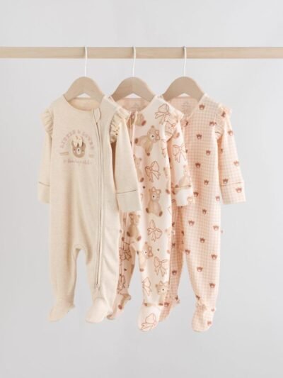 Neutral Bear Two Way Zip Baby Sleepsuits 3 Pack