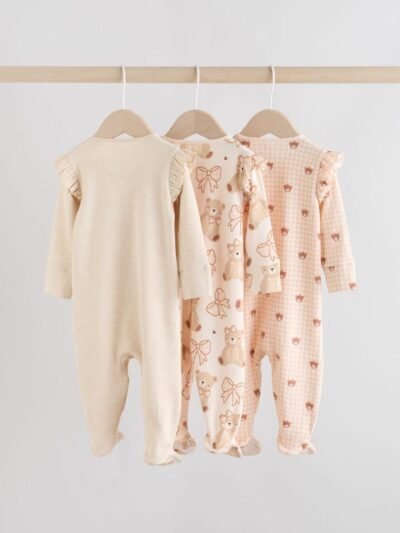 Neutral Bear Two Way Zip Baby Sleepsuits 3 Pack