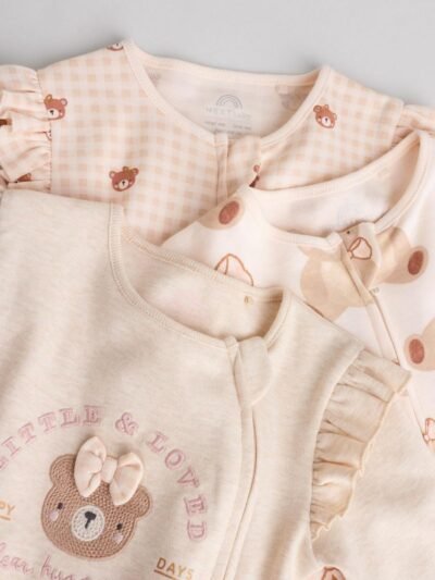 Neutral Bear Two Way Zip Baby Sleepsuits 3 Pack