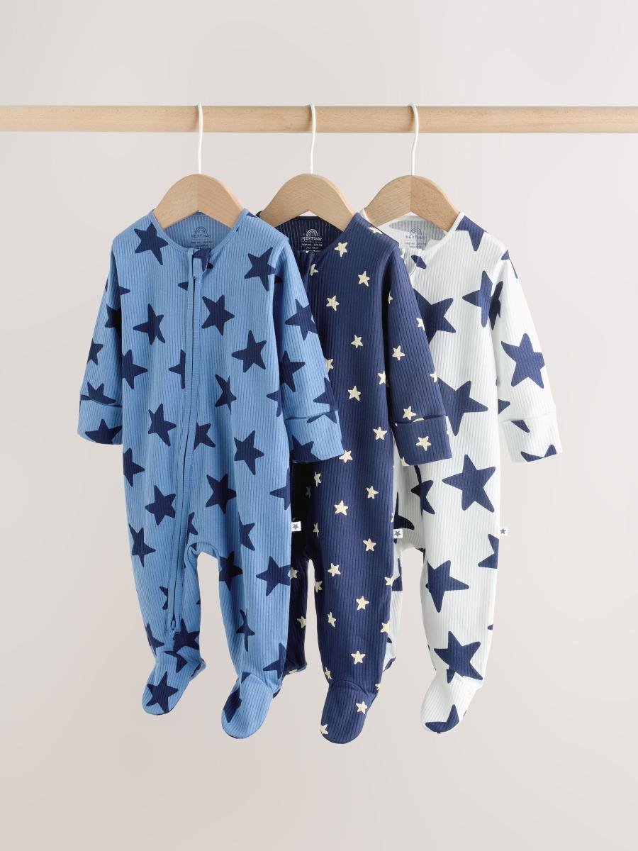 Navy Star Two Way Zip Baby Sleepsuits 3 Pack