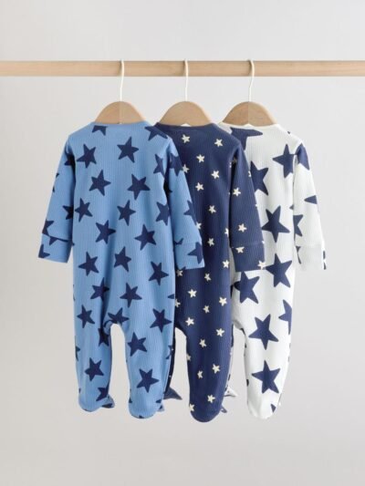 Navy Star Two Way Zip Baby Sleepsuits 3 Pack