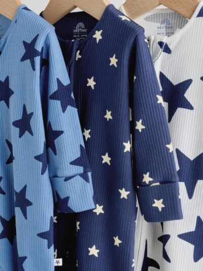 Navy Star Two Way Zip Baby Sleepsuits 3 Pack