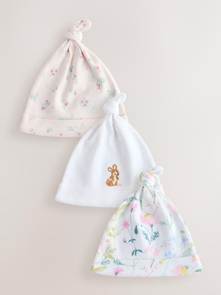Pink Tie Top Baby Beanie 3 Pack