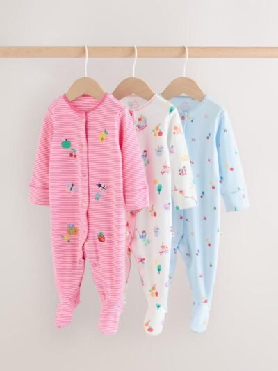 Pink/White/Blue Fruit Baby Sleepsuits 3 Pack