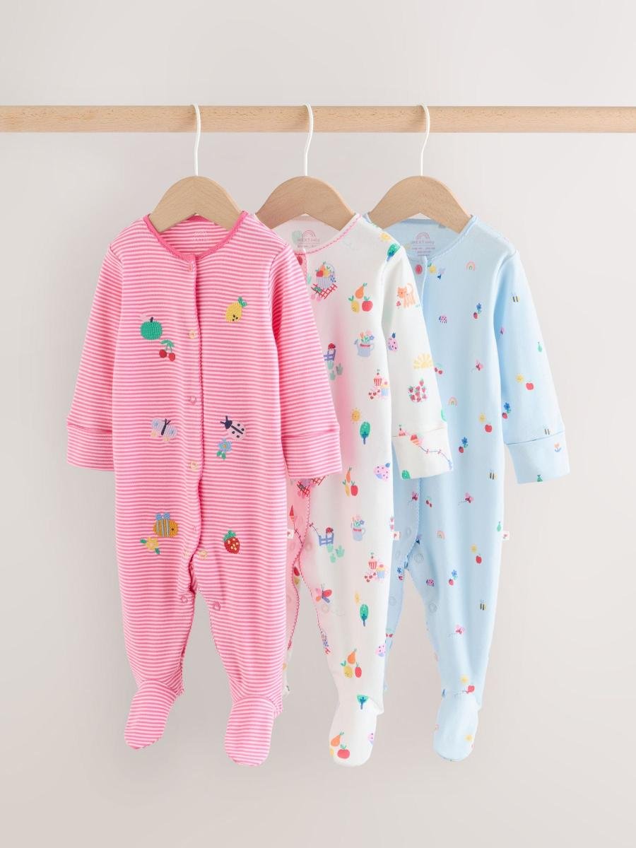 Pink/White/Blue Fruit Baby Sleepsuits 3 Pack