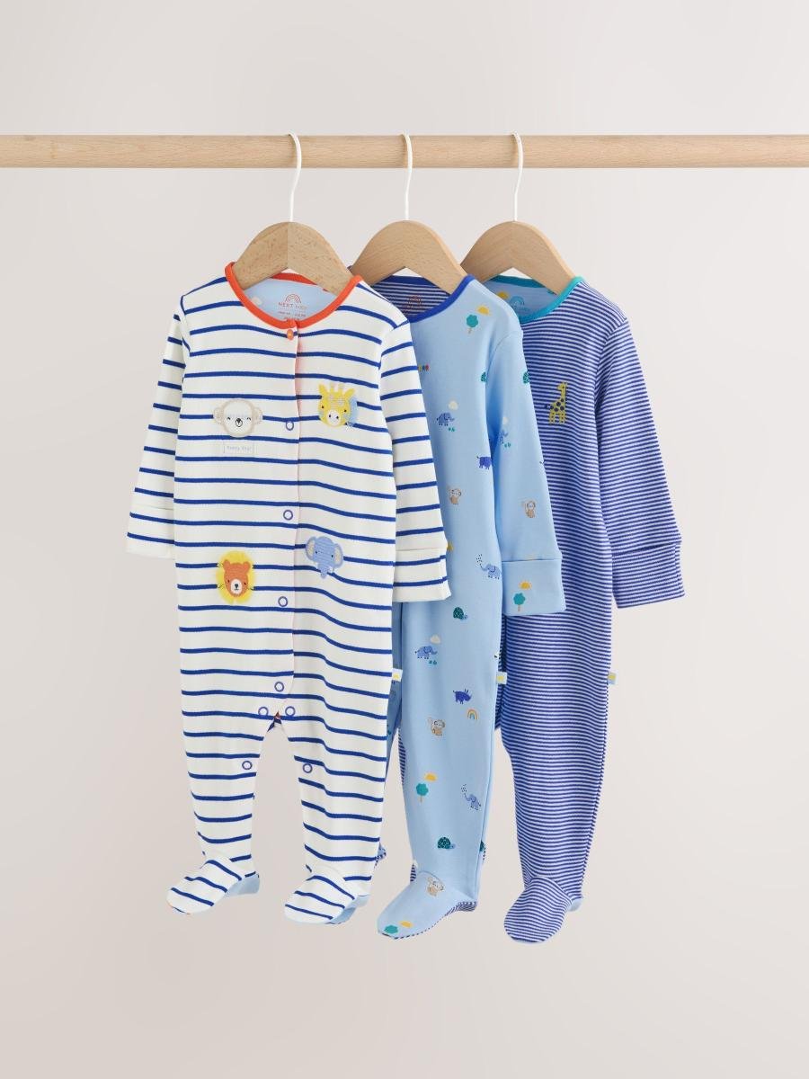 Blue Safari Baby Sleepsuits 3 Pack