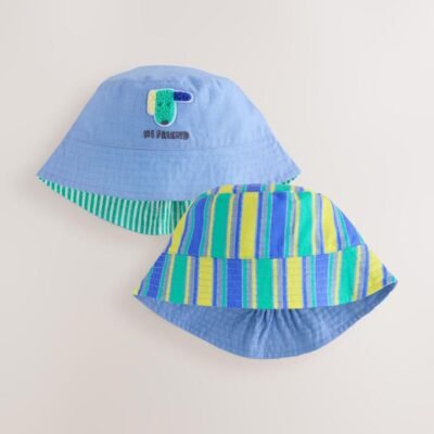 Green Stripe / Dog embroidery Baby Bucket Hats 2 Pack