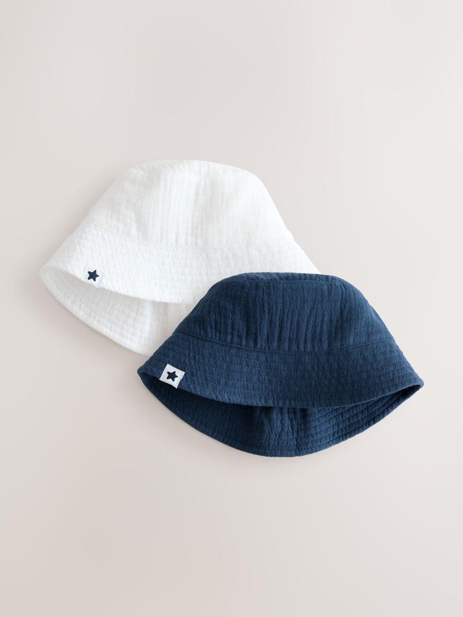 White and Blue Woven Baby Bucket Hats 2 Pack