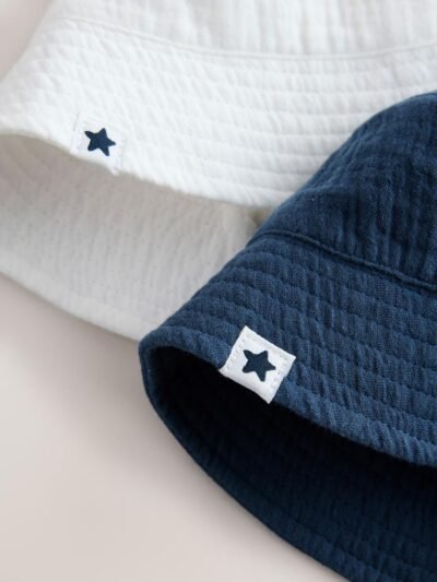 White and Blue Woven Baby Bucket Hats 2 Pack