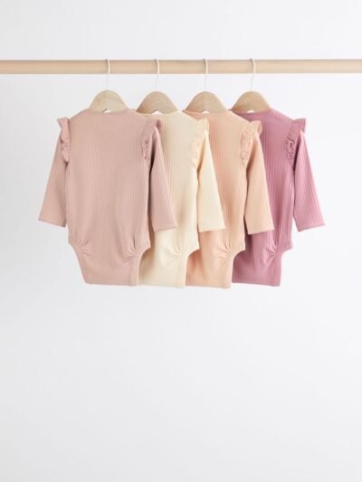 Pink/Cream Baby Long Sleeve Frill Bodysuits 4 Pack