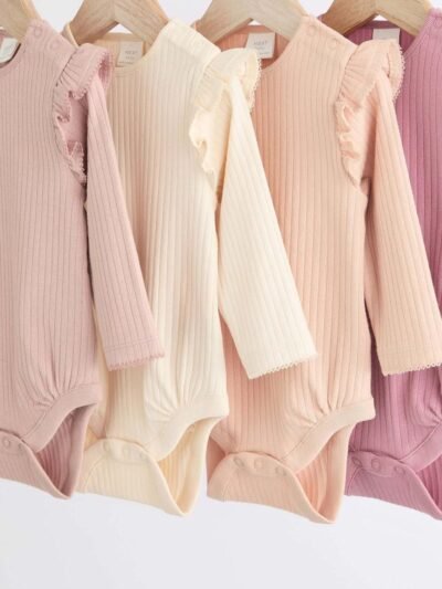 Pink/Cream Baby Long Sleeve Frill Bodysuits 4 Pack