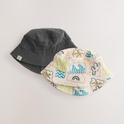 Grey Stampy Printed Woven Baby Bucket Hats 2 Pack