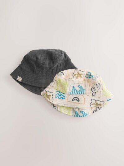 Grey Stampy Printed Woven Baby Bucket Hats 2 Pack
