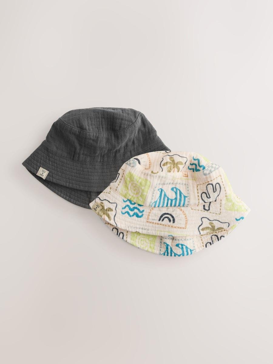Grey Stampy Printed Woven Baby Bucket Hats 2 Pack