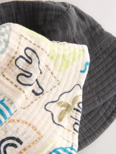 Grey Stampy Printed Woven Baby Bucket Hats 2 Pack
