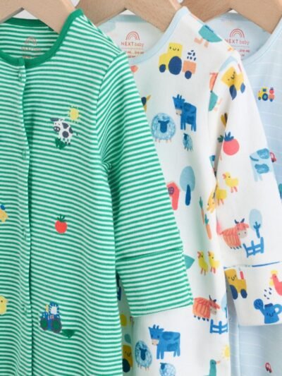 Multi Farm 3 Pack Baby Sleepsuits