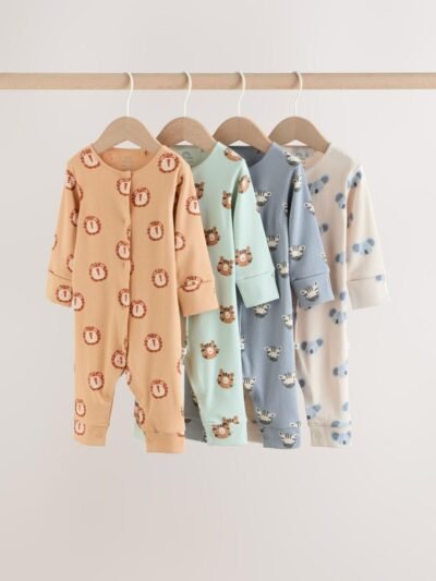 Multi Safari Animal Baby Sleepsuits 4 Pack