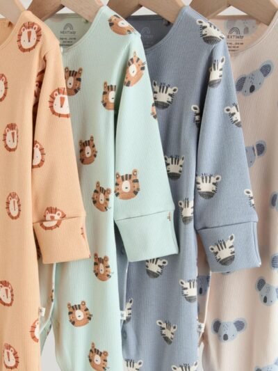 Multi Safari Animal Baby Sleepsuits 4 Pack