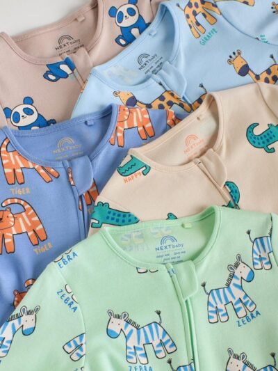 Multi Cotton Two Way Zip Baby Sleepsuits 5 Pack