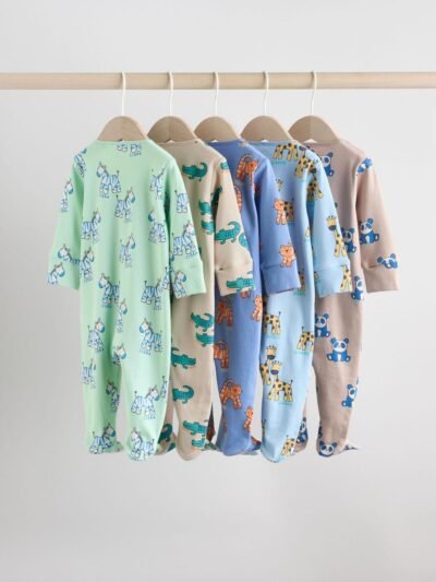 Multi Cotton Two Way Zip Baby Sleepsuits 5 Pack